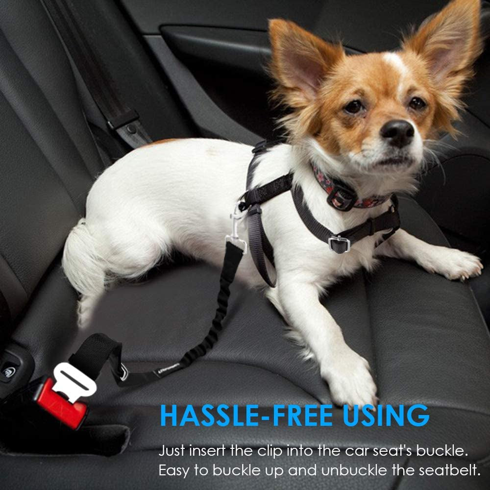 2-Pack Adjustable Dog Seat Belt with Retractable Design and Elastic Bungee Buffer, Heavy-Duty 360-Degree Swivel Pet Safety Harness