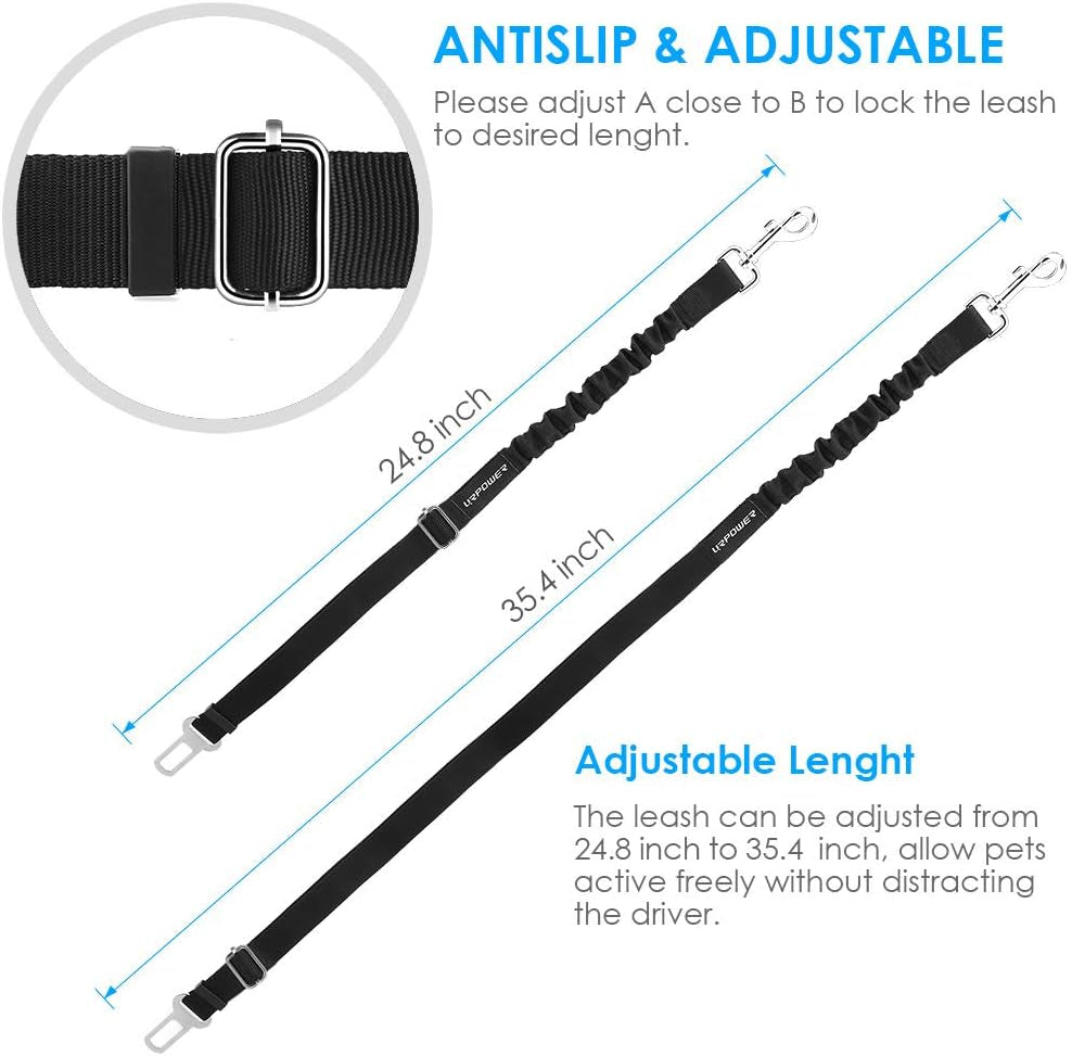 2-Pack Adjustable Dog Seat Belt with Retractable Design and Elastic Bungee Buffer, Heavy-Duty 360-Degree Swivel Pet Safety Harness