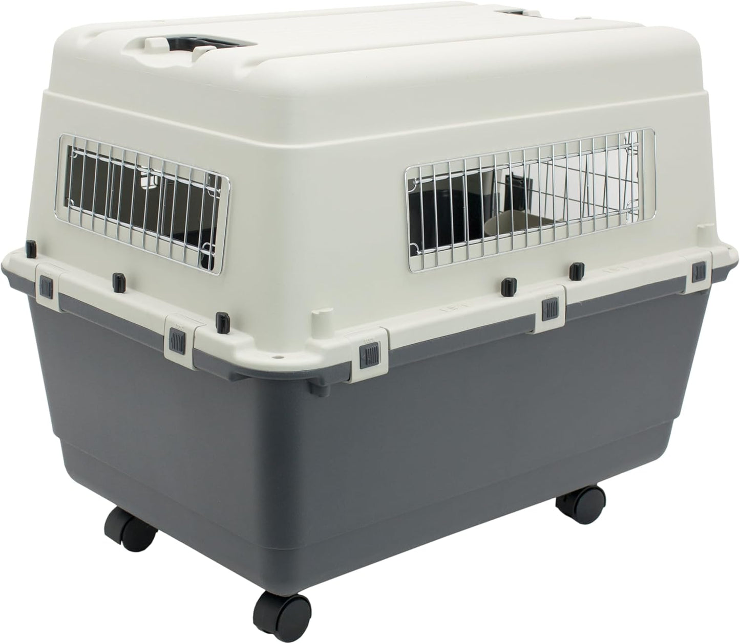 Sportpet Airline Compliant Large 31.5" Travel Dog Kennel - Durable Plastic Pet Carrier with Removable Wheels and Food Bowls, Collapsible Indoor/Outdoor Design for Dogs up to 28"L and 20"H - Cream/Gray