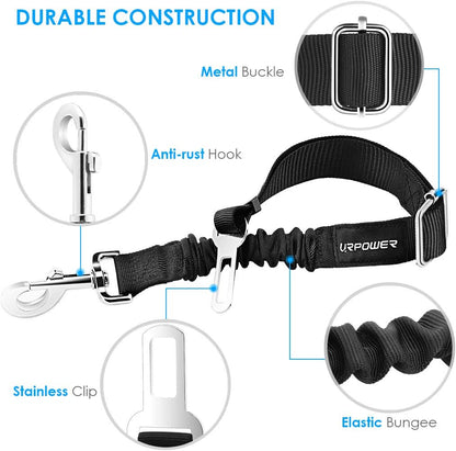 2-Pack Adjustable Dog Seat Belt with Retractable Design and Elastic Bungee Buffer, Heavy-Duty 360-Degree Swivel Pet Safety Harness