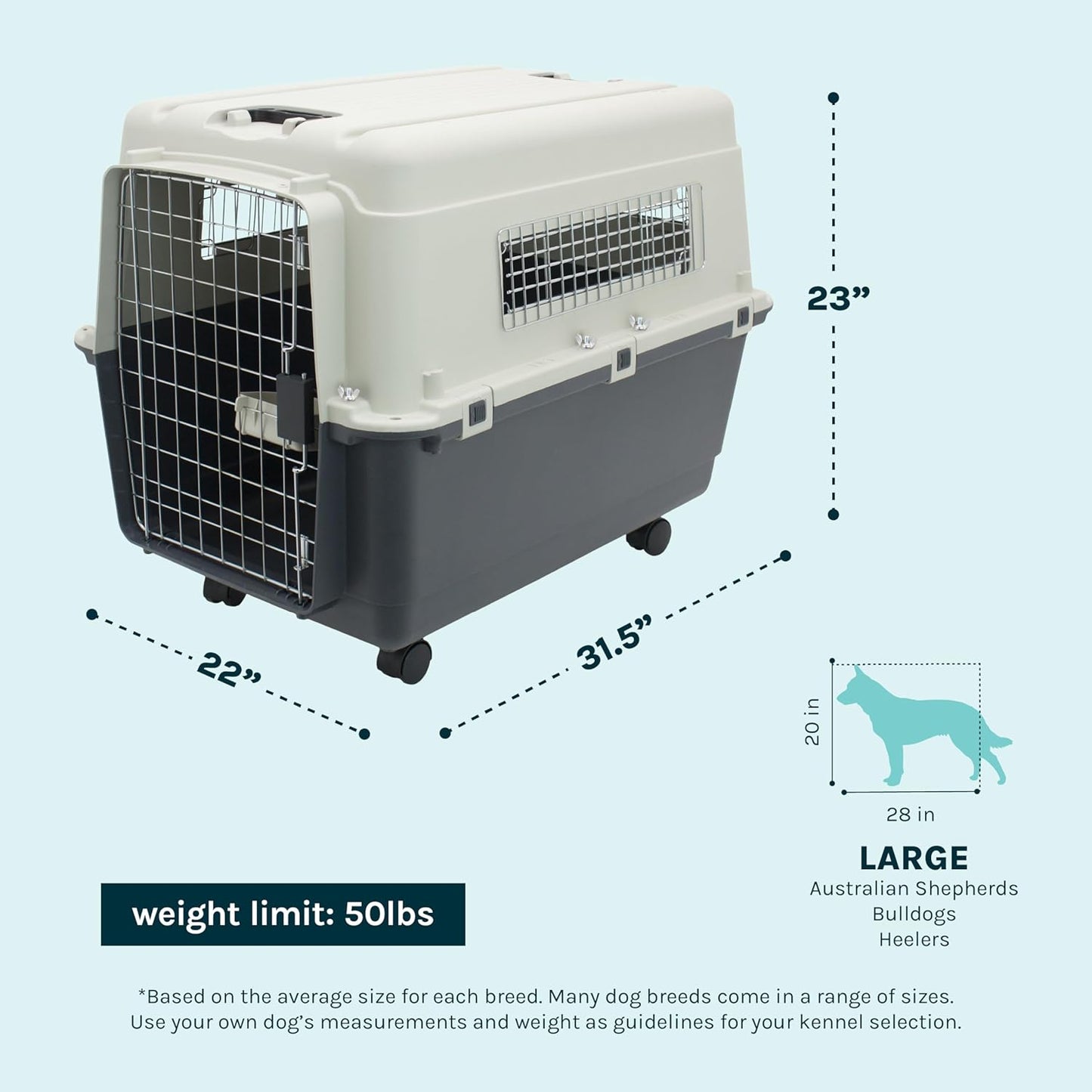 Sportpet Airline Compliant Large 31.5" Travel Dog Kennel - Durable Plastic Pet Carrier with Removable Wheels and Food Bowls, Collapsible Indoor/Outdoor Design for Dogs up to 28"L and 20"H - Cream/Gray