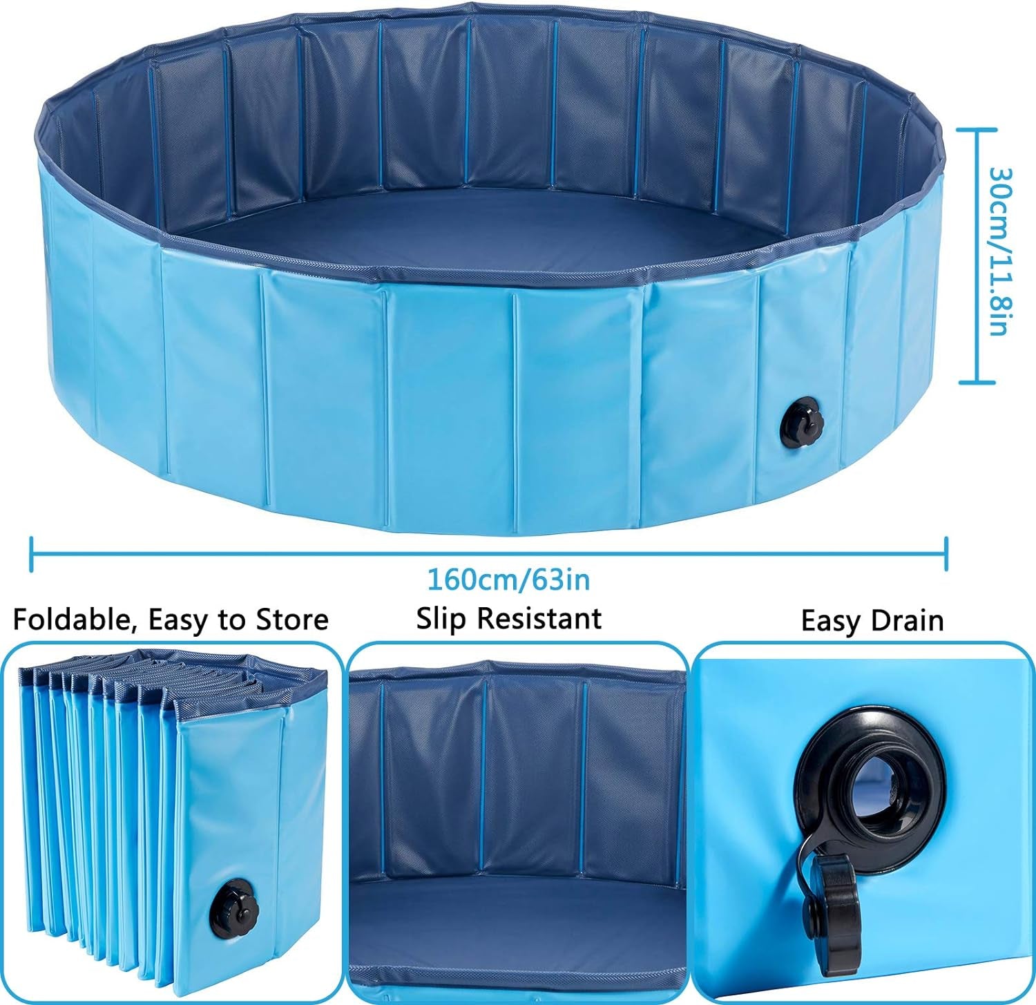 Foldable Outdoor Dog Swimming Pool - Collapsible Anti-Slip Hard PVC Paddling Bathtub for Large and Extra Large Dogs, Kids, and Pets (63'' x 12'' / 160 cm x 30 cm)