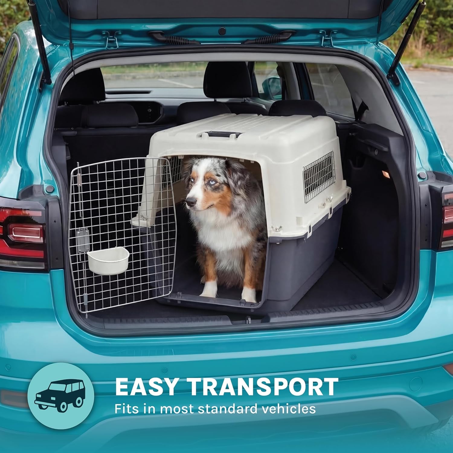 Sportpet Airline Compliant Large 31.5" Travel Dog Kennel - Durable Plastic Pet Carrier with Removable Wheels and Food Bowls, Collapsible Indoor/Outdoor Design for Dogs up to 28"L and 20"H - Cream/Gray