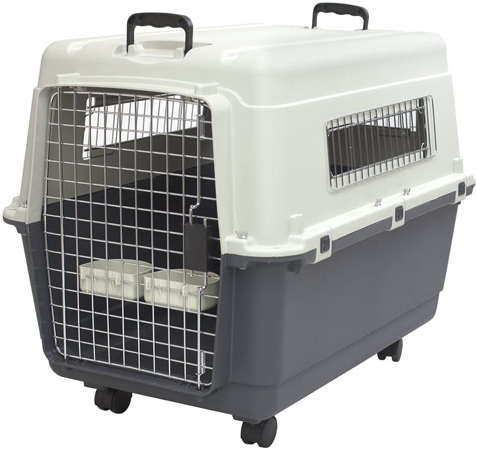 Sportpet Airline Compliant Large 31.5" Travel Dog Kennel - Durable Plastic Pet Carrier with Removable Wheels and Food Bowls, Collapsible Indoor/Outdoor Design for Dogs up to 28"L and 20"H - Cream/Gray