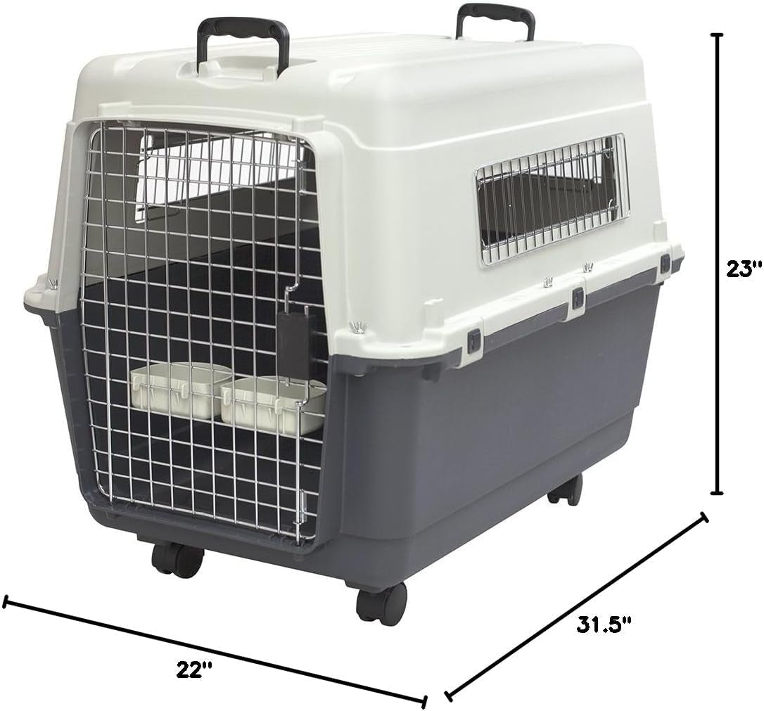 Sportpet Airline Compliant Large 31.5" Travel Dog Kennel - Durable Plastic Pet Carrier with Removable Wheels and Food Bowls, Collapsible Indoor/Outdoor Design for Dogs up to 28"L and 20"H - Cream/Gray