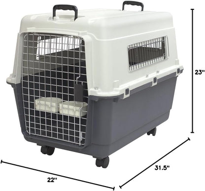 Sportpet Airline Compliant Large 31.5" Travel Dog Kennel - Durable Plastic Pet Carrier with Removable Wheels and Food Bowls, Collapsible Indoor/Outdoor Design for Dogs up to 28"L and 20"H - Cream/Gray