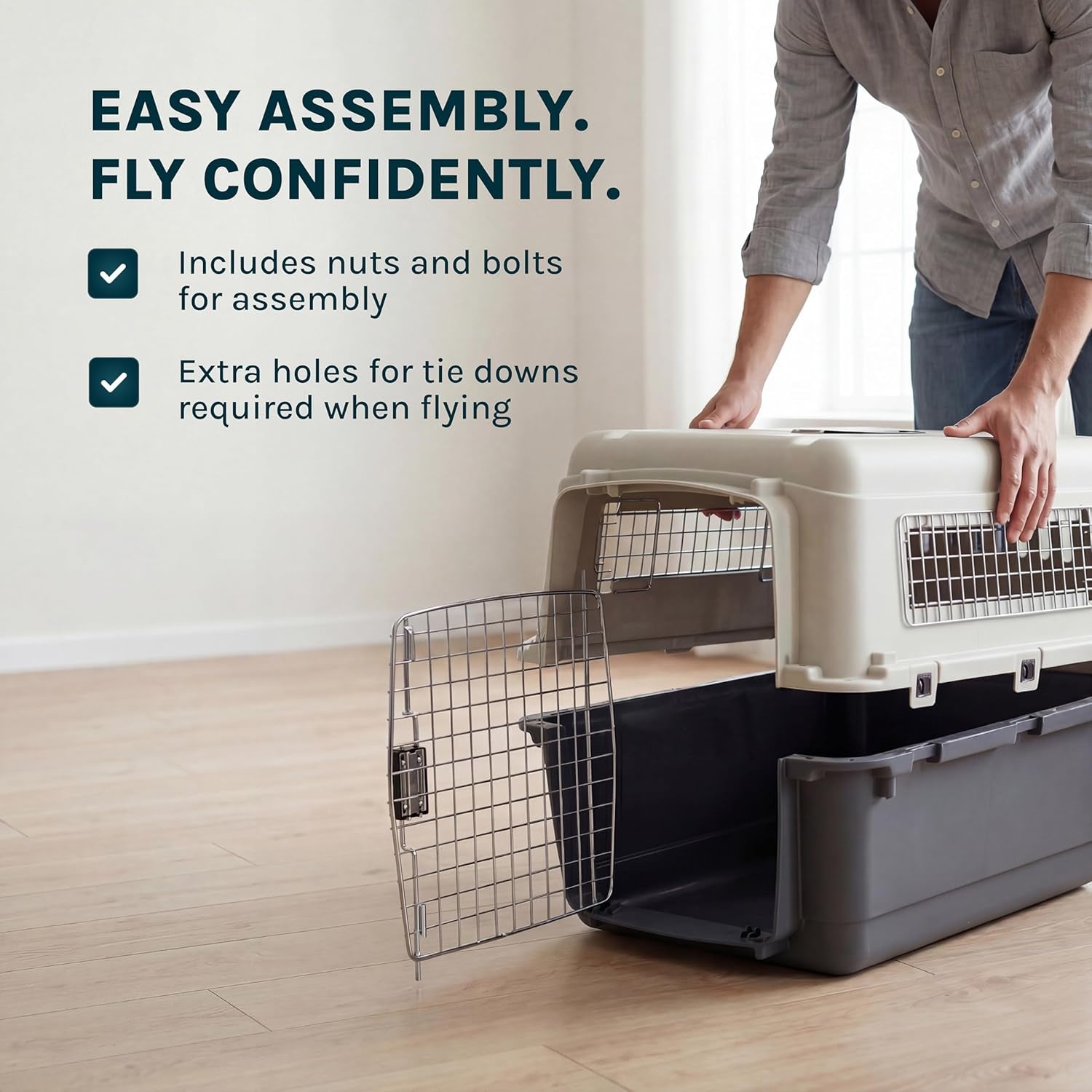 Sportpet Airline Compliant Large 31.5" Travel Dog Kennel - Durable Plastic Pet Carrier with Removable Wheels and Food Bowls, Collapsible Indoor/Outdoor Design for Dogs up to 28"L and 20"H - Cream/Gray