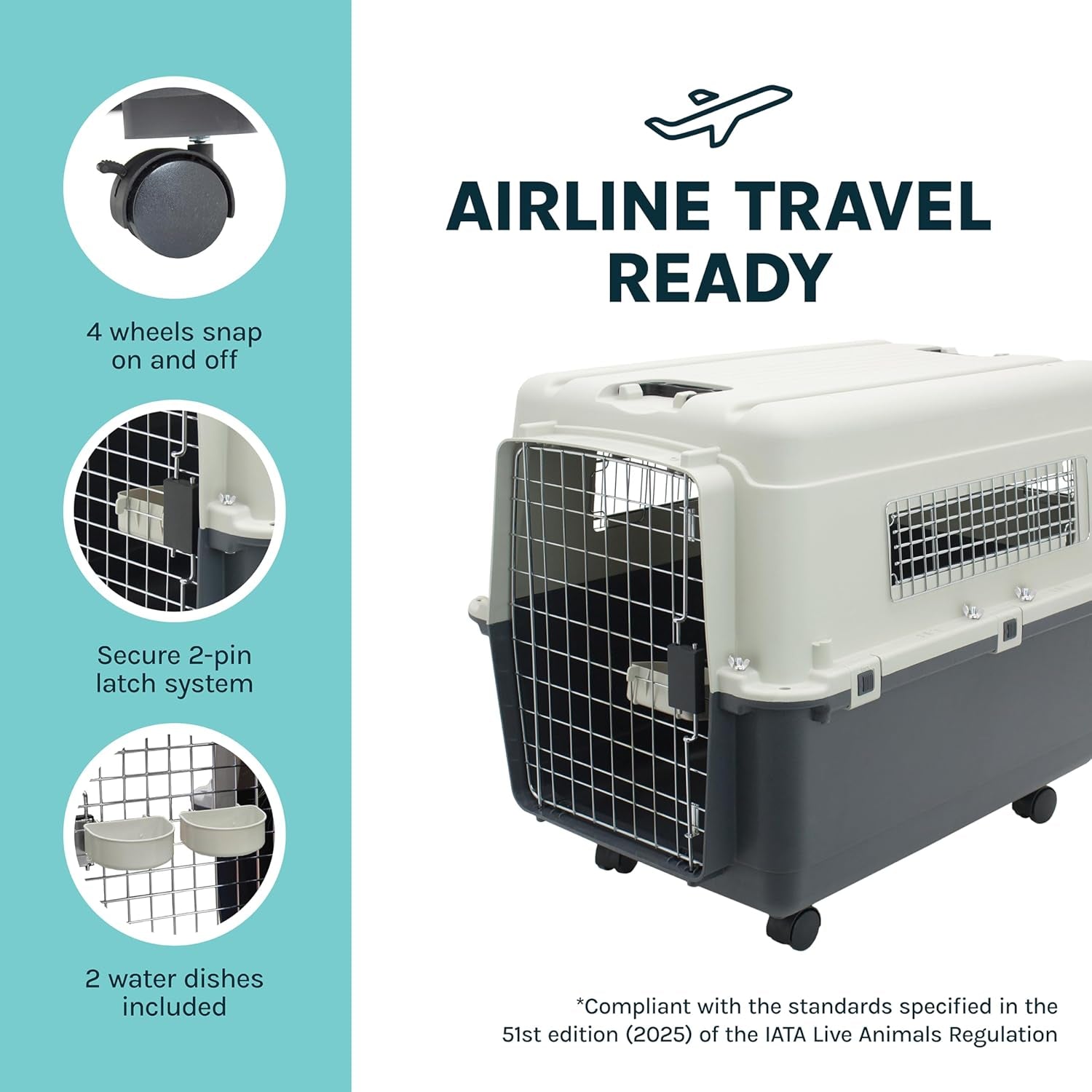 Sportpet Airline Compliant Large 31.5" Travel Dog Kennel - Durable Plastic Pet Carrier with Removable Wheels and Food Bowls, Collapsible Indoor/Outdoor Design for Dogs up to 28"L and 20"H - Cream/Gray