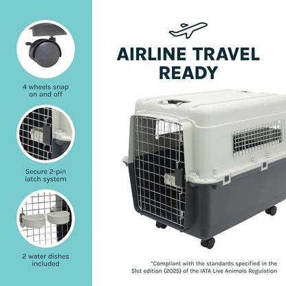Sportpet Airline Compliant Large 31.5" Travel Dog Kennel - Durable Plastic Pet Carrier with Removable Wheels and Food Bowls, Collapsible Indoor/Outdoor Design for Dogs up to 28"L and 20"H - Cream/Gray