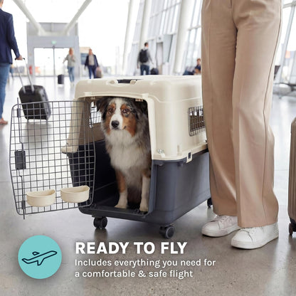 Sportpet Airline Compliant Large 31.5" Travel Dog Kennel - Durable Plastic Pet Carrier with Removable Wheels and Food Bowls, Collapsible Indoor/Outdoor Design for Dogs up to 28"L and 20"H - Cream/Gray