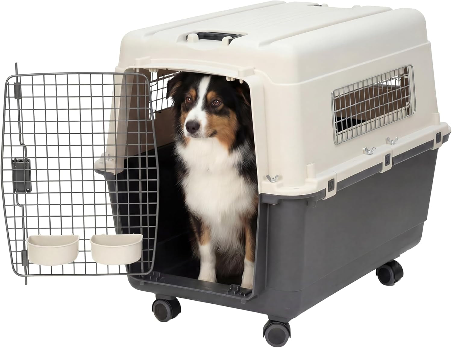 Sportpet Airline Compliant Large 31.5" Travel Dog Kennel - Durable Plastic Pet Carrier with Removable Wheels and Food Bowls, Collapsible Indoor/Outdoor Design for Dogs up to 28"L and 20"H - Cream/Gray