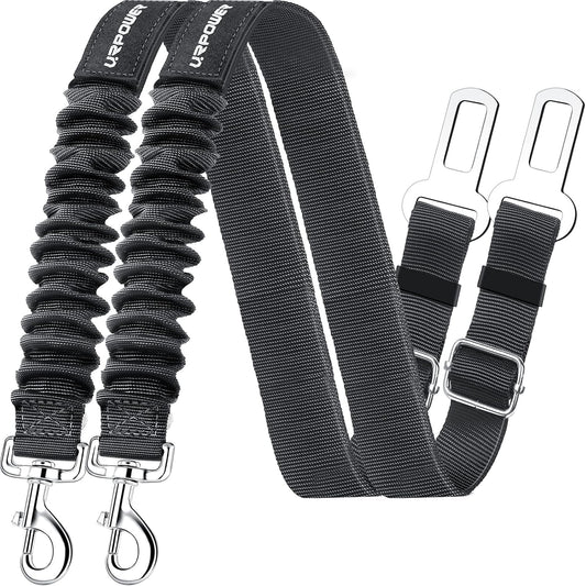 2-Pack Adjustable Dog Seat Belt with Retractable Design and Elastic Bungee Buffer, Heavy-Duty 360-Degree Swivel Pet Safety Harness